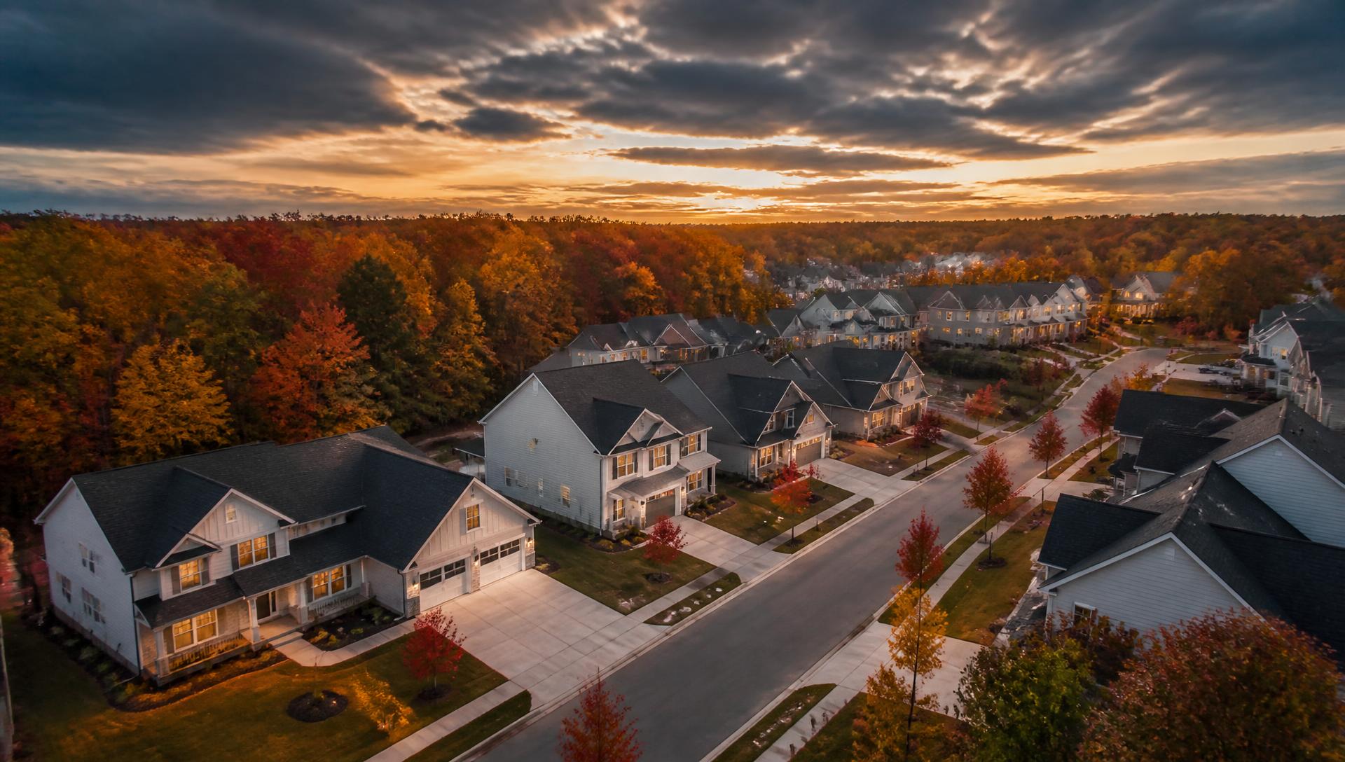 Aerial view of a new construction neighborhood in Charlotte, North Carolina at sunset